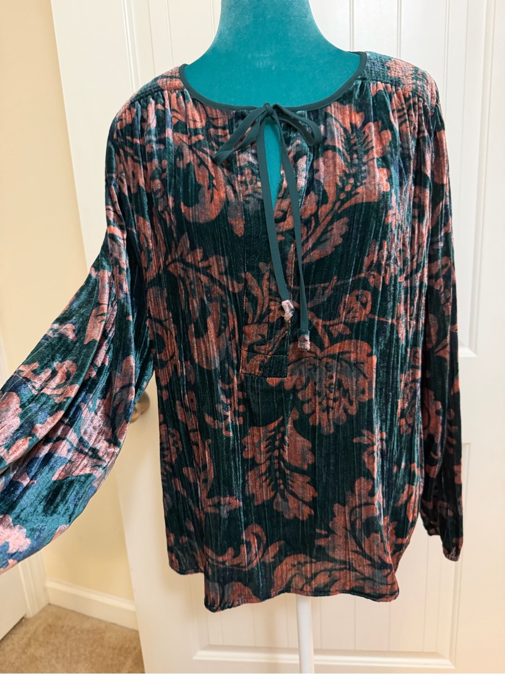 Anthropologie Teal and Rose Floral Velvet Tie-Neck Blouse